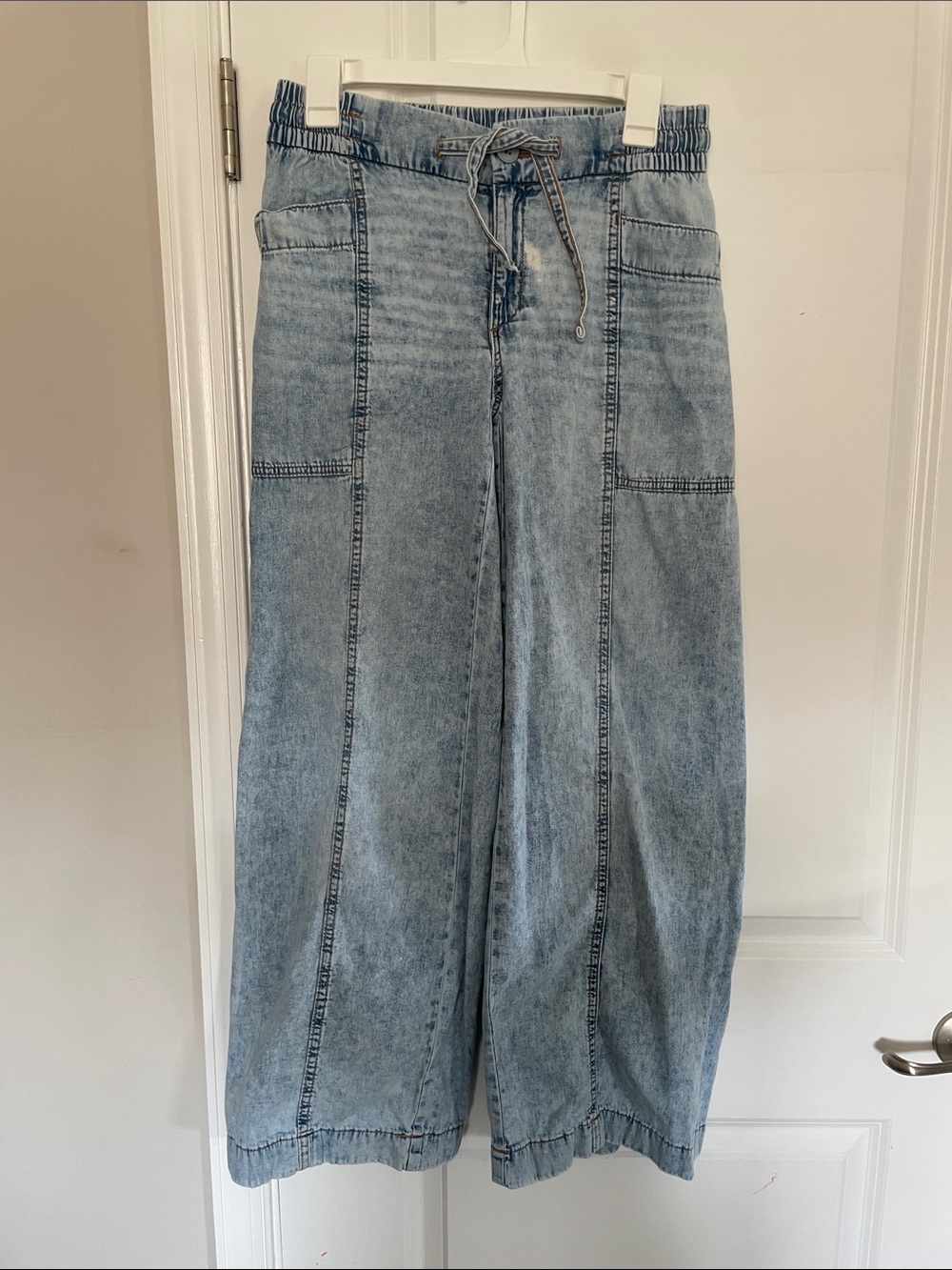 100% Cotton Light Acid Wash Wide Leg Drawstring Denim Pants
